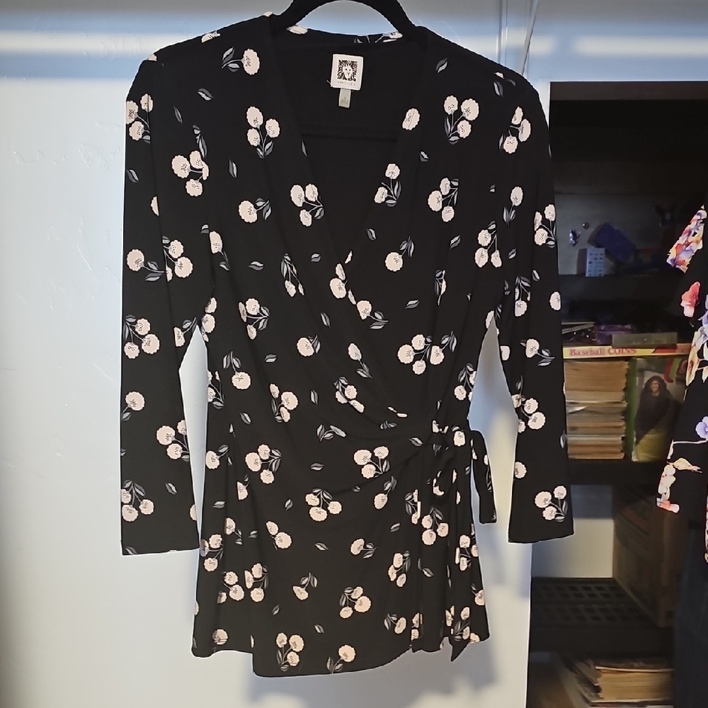 Anne Klein Black Floral Wrap Blouse